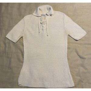 Vintage Sears Sweater Womens Medium White Lace Up Short Sleeve‎ Made USA 1970s